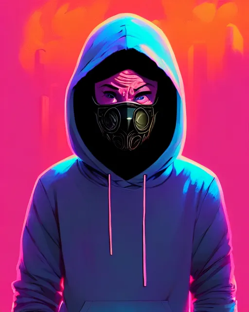 Prompt: synthwave, hyper - realistic portrait of a man in a hoodie, with ninja mask, intricate, 4 k, by atey ghailan, by greg rutkowski, by greg tocchini, by james gilleard, by joe fenton, by kaethe butcher, dynamic lighting, lighting color scheme, sharp focus, grunge aesthetic