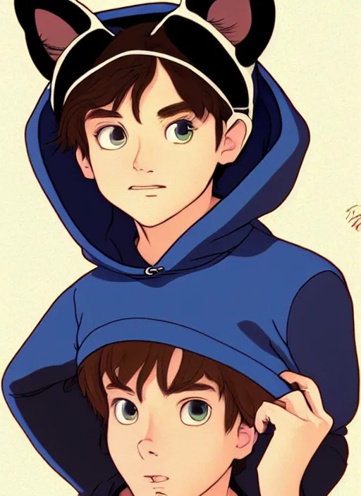 Image similar to teen boy with brown hair and big blue eyes, wearing a black hoodie with cat ears on top of it, natural lighting, path traced, highly detailed, high quality, cartoon, digital painting, by don bluth and ross tran and studio ghibli and alphonse mucha