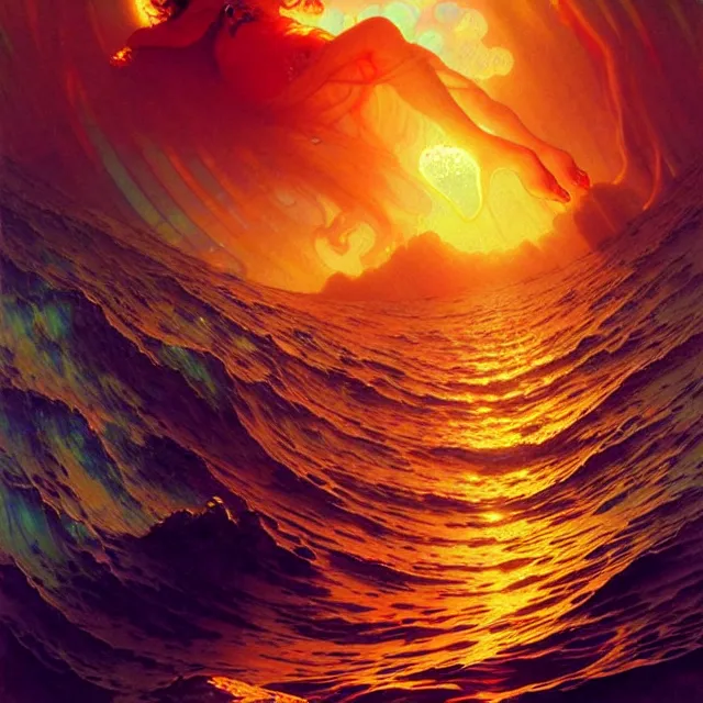 Prompt: backlit ocean waves of glossy kaleidoscopic liquid honey drops flowing like psychedelic translucent amber, lsd waves, lsd ripples, backlit, sunset, refracted lighting, art by collier, albert aublet, krenz cushart, artem demura, alphonse mucha