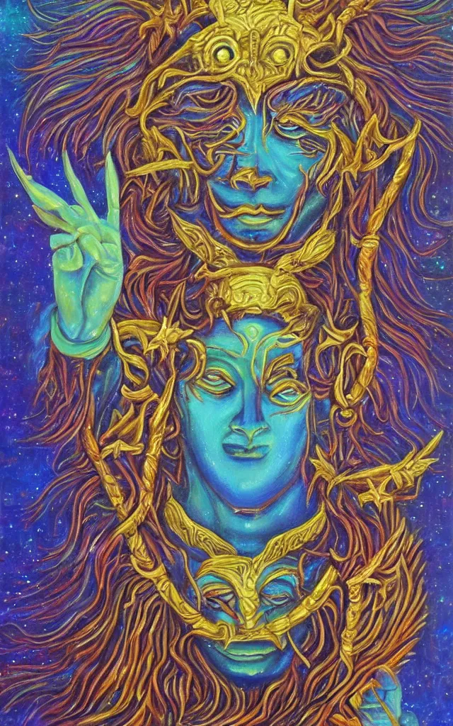 Prompt: the god of the lunar mythos lunar deity, award winning oil painting, iridescent colors