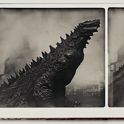 Prompt: wet plate photograph of godzilla waving the communist flag, daugerrotype, collodion photography, studio lights, eye catching, exxagerated texture