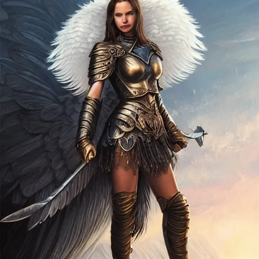 Image similar to portrait of young aasimar angel valkyrie warrior girl maiden wearing comfy leather armor with beautiful feathered angel wings, blue eyes, beautiful face, Natalie Portman, Emily Ratajkowski, innocent, intricate, elegant, highly detailed, ultradetailed, hyperdetailed, artstation, concept art, smooth, sharp focus, illustration, art by artgerm and greg rutkowski and Rossdraws and Bluesssatan and Mandy Jurgens