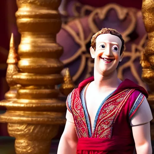 Image similar to Mark Zuckerberg in Aladdin, highly detailed, high quality, HD, 4k, 8k, Canon 300mm, professional photographer, 40mp, lifelike, top-rated, award winning, realistic, sharp, no blur, edited, corrected, trending