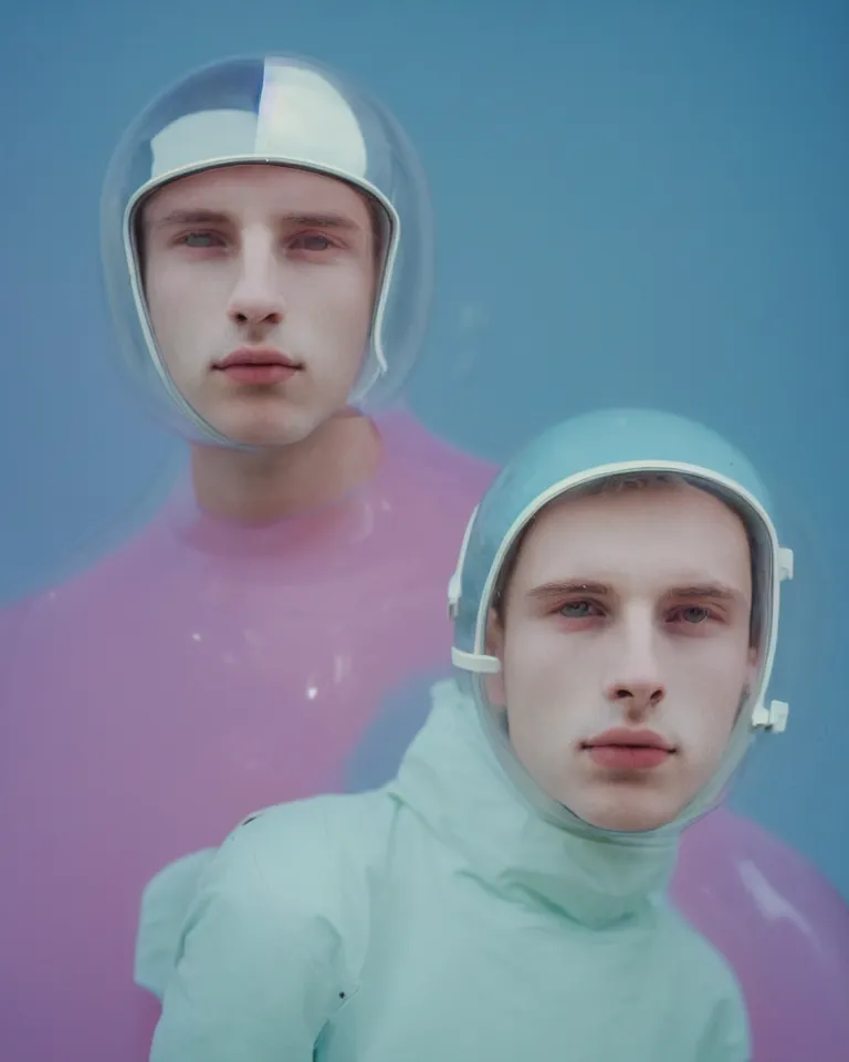 Image similar to high quality pastel coloured film portrait photograph of a beautiful young 2 0 year old male, soft facial features, short hair, wearing perspex space helmet and oversized inflated clothing!! icelandic black rock pool environment. atmospheric three point light. photographic. art directed. ( pastel colours ). volumetric. clearcoat. waves. 8 k. filmic.