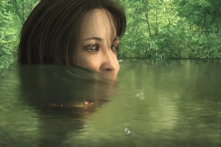 Image similar to a close-up of a woman staring at her reflection on a pond in a secret forest, very detailed, trending on artstation and deviantart