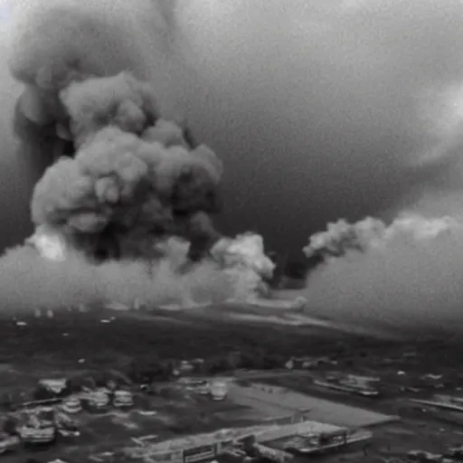 Image similar to combat drone strike war footage, black and white with green tint, very high contrast, nuclear cloud, high angle vertical, dirty, grainy, bad drone camera