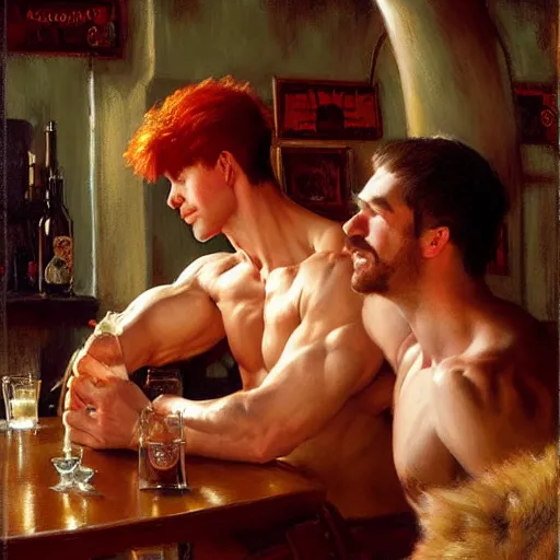 Prompt: attractive muscular male with red hair and muscular attractive white fluffy cat, drinking their hearts out, in a pub. very defined and highly detailed painting by j. c. leyendecker, gaston bussiere, craig mullins 8 k