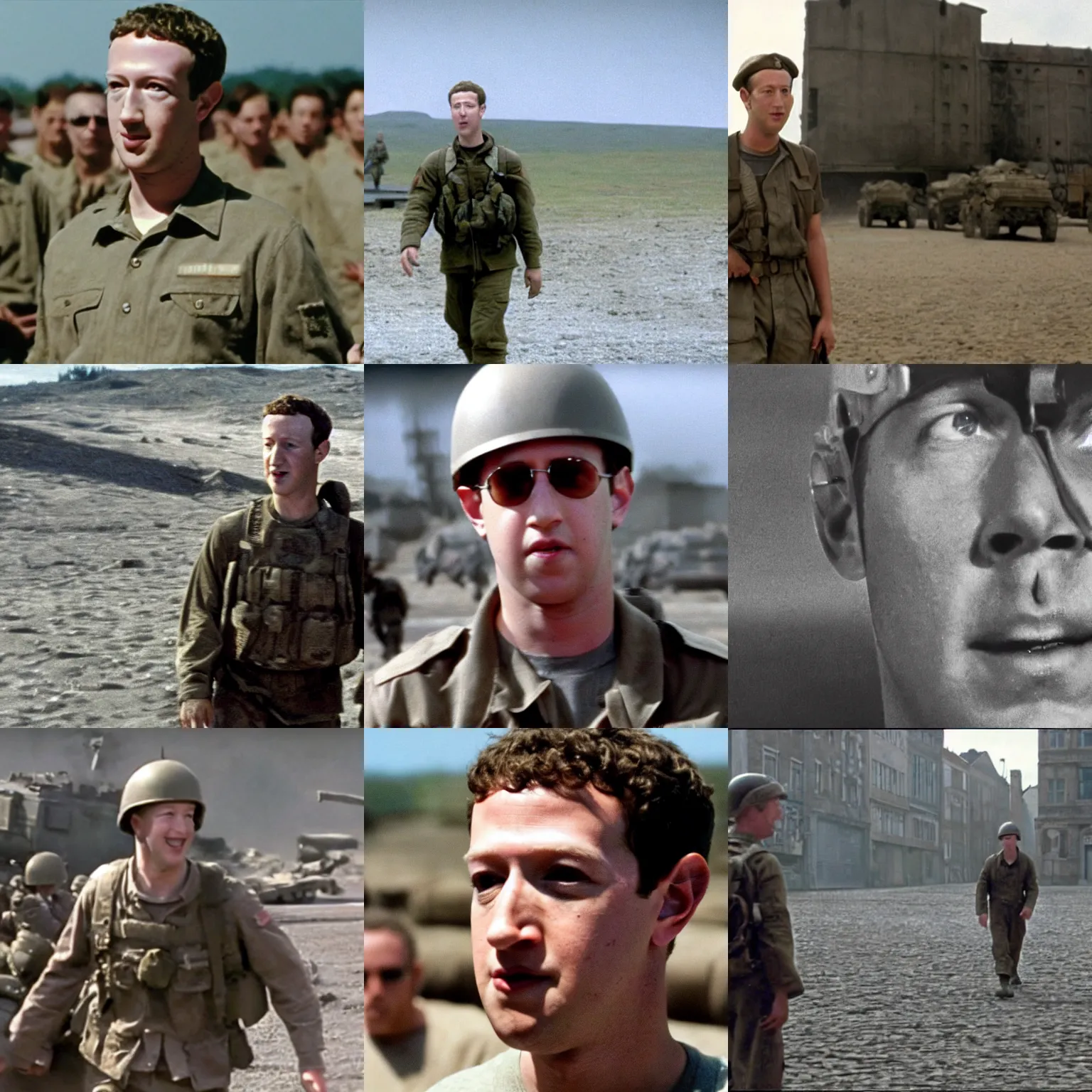 Prompt: Movie still of Mark Zuckerberg in Saving Private Ryan, establishing shot