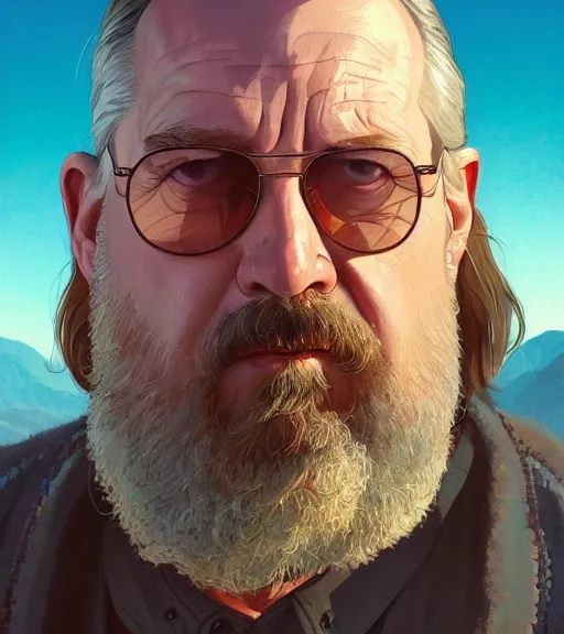 Image similar to highly detailed portrait of the dude from the big lebowski in gta v, stephen bliss, unreal engine, fantasy art by greg rutkowski, loish, rhads, ferdinand knab, makoto shinkai and lois van baarle, ilya kuvshinov, rossdraws, tom bagshaw, global illumination, radiant light, detailed and intricate environment