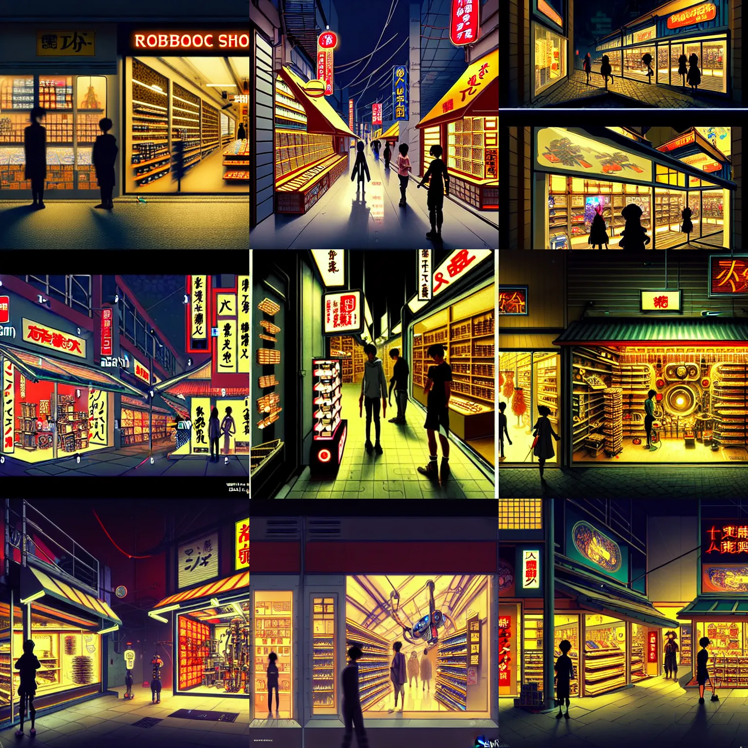 Prompt: a robotic shop store in The City of Japan at night with a few customers, extreme plus resolution fantasy concept art, intricate details to everything visible, sharp lighting, Dramatic light by denis villeneuve, strong emphasis on alphonse mucha, Makoto Shinkai