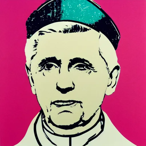 Image similar to portrait of pope benedict xvi wearing tiara on the top of his head in the style of screen print by andy warhol. pop art