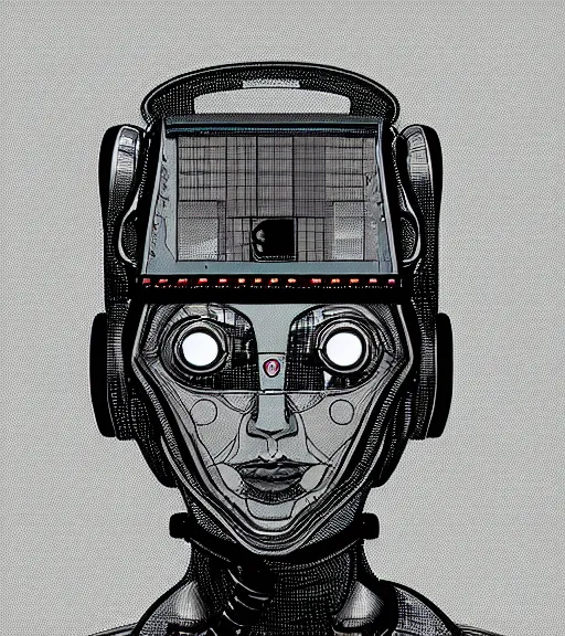 Prompt: a robot with a digitized female face, Industrial Scifi, detailed illustration, character portrait, by Martin Grip and Moebius