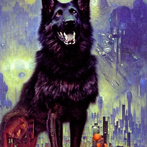 Image similar to portrait black german shepard dogman humanoid!!! bipedal!!! canine neuromancer. spaceship futuristic city. shadowrun cyberpunk fantasy d & d painting by gaston bussiere craig mullins jc leyendecker gustav klimt artgerm greg rutkowski john berkey, bergey, craig mullins, ruan jia, raymond swanland, tom lovell