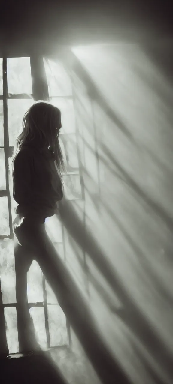 Image similar to very very beautiful photograph of emily skinner looking like annie leonhart in a hoodie standing next to a window god rays shining on her from the sunlight, sharp focus, volumetric fog, smoke, depth of field, beautiful composition, very very very beautifull face, on artstation and instagram, ray tracing