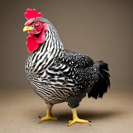 Image similar to cute!!! barred Plymouth Rock chicken, studio!! Portrait lighting, spotted with small white hearts!!