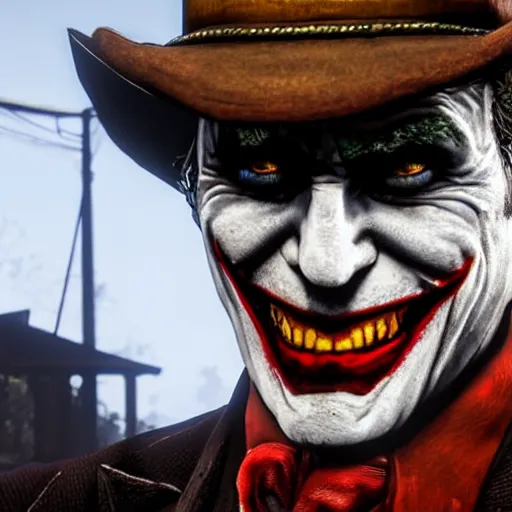 Image similar to The Joker in Red Dead Redemption 2, 4K, detailed