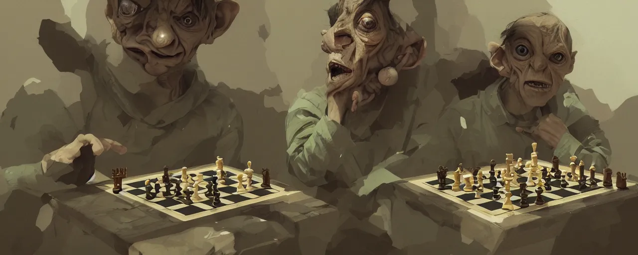 Image similar to duotone olive illustration 3 / 4 portrait of gollum playing chess composition accidental renaissance golden ratio. by sachin teng and sergey kolesov and ruan jia and heng z. graffiti art, scifi, fantasy, hyper detailed. octane render. concept art. trending on artstation