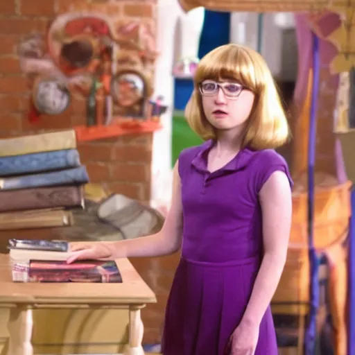 Image similar to matilda may is velma from scooby doo show, she is staring at the photographer,