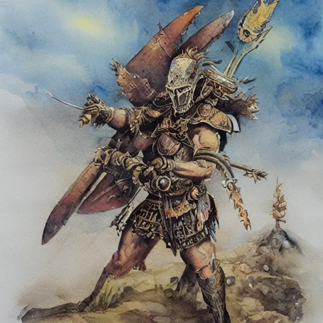 Prompt: “Warrior at the End of Time, a watercolour illustration by John Blanche”