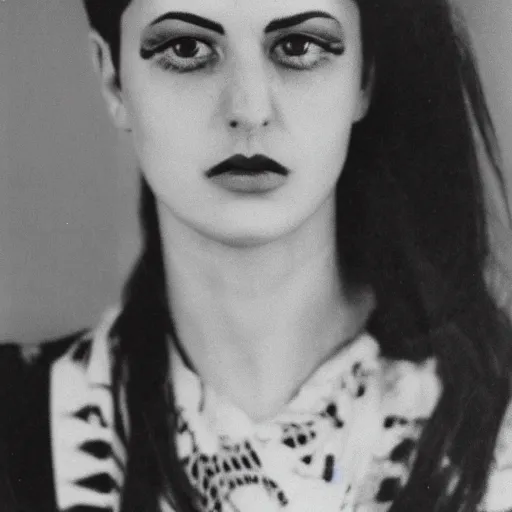 Prompt: old film photo of an atractive cool alternative bosnian woman in her early 20s. beautiful face. She has dark brown hair, dark thick eyebrows, brown eyes and shoulder long hair.