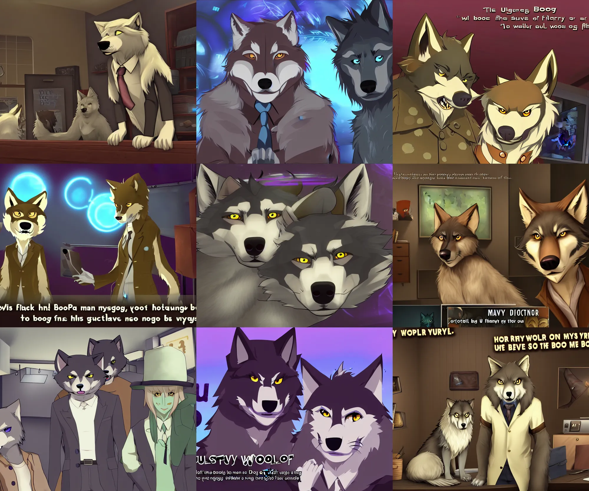 Image similar to furry - wolf - detective - fursona uhd ue 5 visual novel pc game screenshot : mystery of the booped snout