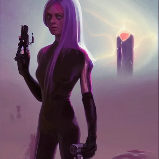 Image similar to pleiadian woman with big eyes and long silver hair wearing a dark body suit and holding a plasma gun standing in barren fields, art by greg rutkowski