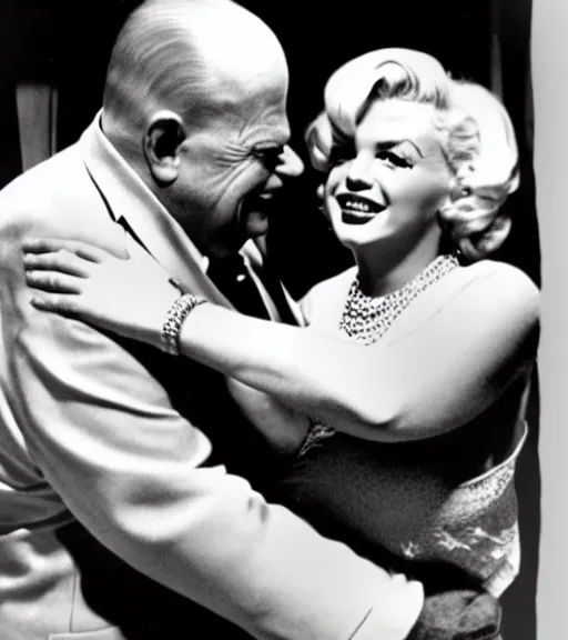 Image similar to Don Rickles hugging marlin monroe, color photo,