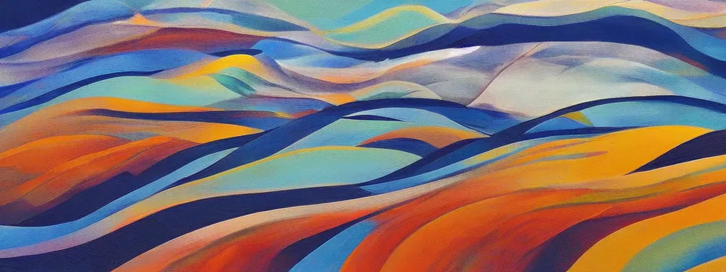 Prompt: An insane, modernist landscape painting. Wild energy patterns rippling in all directions. Curves, organic, zig-zags. Mountains, clouds. Rushing water.