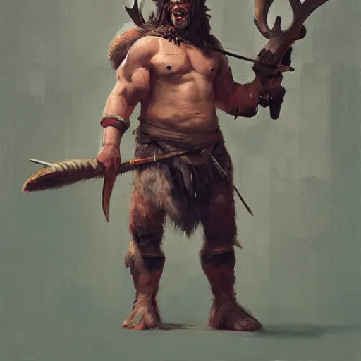 Image similar to barbarian with moose head and wooden leg by greg rutkowski