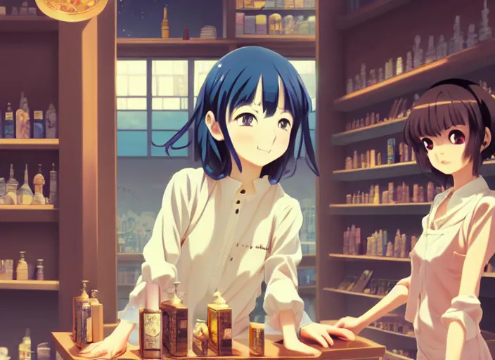 Image similar to anime visual, portrait of a young female traveler in a alchemist's potion shop interior shopping, cute face by ilya kuvshinov, yoshinari yoh, makoto shinkai, katsura masakazu, dynamic perspective pose, detailed facial features, kyoani, rounded eyes, crisp and sharp, cel shad, anime poster, ambient light