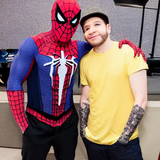 Prompt: the member of fall out boy meeting Spider-Man