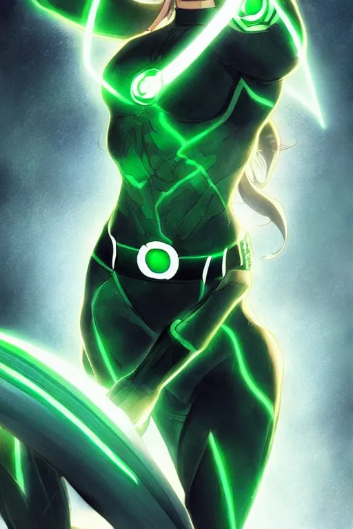 Image similar to anime key visual of a beautiful young female green lantern!! intricate, green and black suit, glowing, powers, dc comics, cinematic, stunning, highly detailed, digital painting, artstation, smooth, hard focus, illustration, art by artgerm and greg rutkowski and alphonse mucha