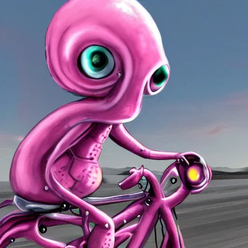 Prompt: humanoid pink female Squid creatures riding a motorcycle fast