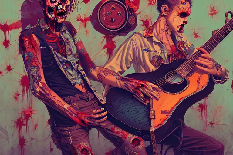 Image similar to zombie punk playing acoustic guitar, tristan eaton, victo ngai, artgerm, rhads, ross draws, intricated details, 3 / 4 view, full body portrait