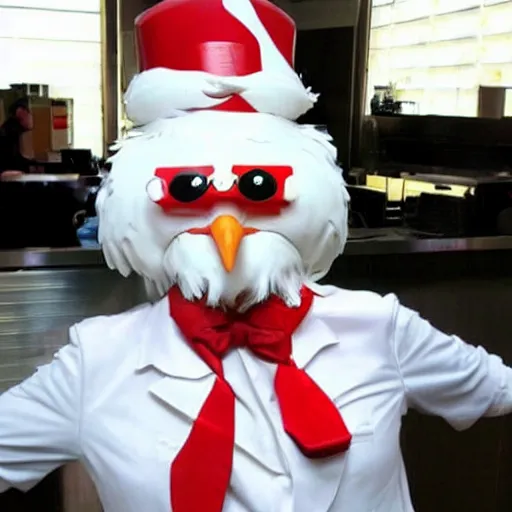 Image similar to anthropomorphic colonel sanders chicken abomination, working at kfc, real life photo,