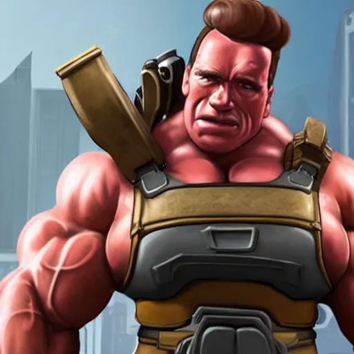 Prompt: a screenshot of arnold schwarzenegger in overwatch as roadhog