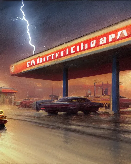 Image similar to a highly detailed epic cinematic concept art CG render digital painting artwork: Soviet gas station, lightning storm. By Greg Rutkowski, in the style of Francis Bacon and Syd Mead and Norman Rockwell and Beksinski, open ceiling, highly detailed, painted by Francis Bacon and Edward Hopper, painted by James Gilleard, surrealism, airbrush, Ilya Kuvshinov, WLOP, Stanley Artgerm, very coherent, triadic color scheme, art by Takato Yamamoto and James Jean