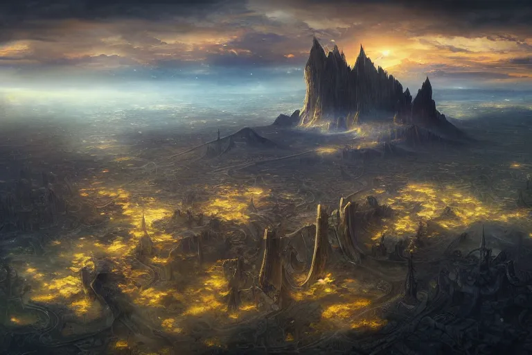 Image similar to fantasy painting, aerial view of an ancient land, sunset and ominous shadows over the kingdom by jessica rossier and brian froud