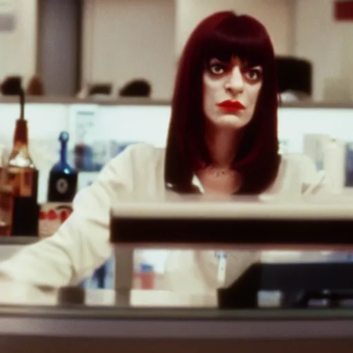 Prompt: mia wallace from pulp fiction, sitting at a checkout counter, cinestill colour, anamorphic