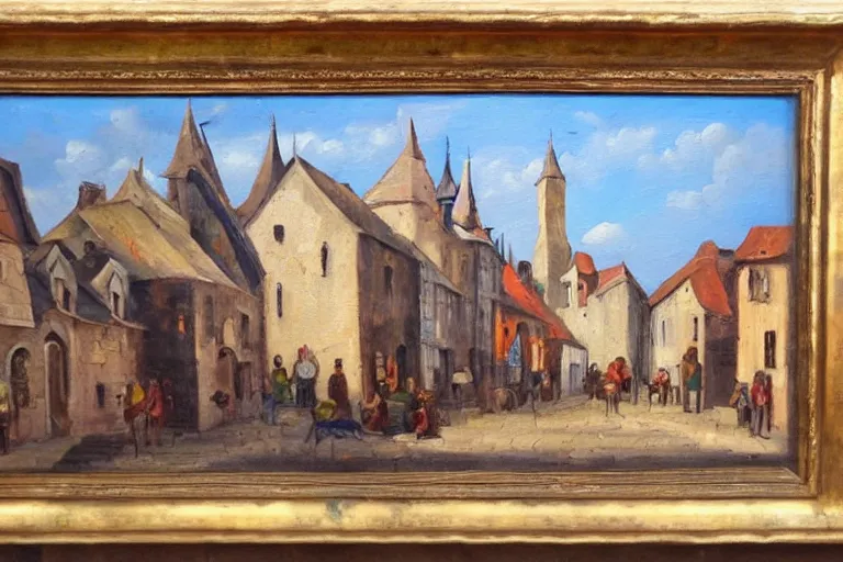 Image similar to middle ages town, oil painting, oil in canvas, brushstrokes