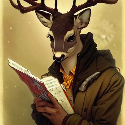 Prompt: anthropomorphic shy and nerdy deer with exquisite antlers. Renowned character illustration by greg rutkowski, thomas kindkade, alphonse mucha, loish, norman rockwell. Trending on FurAffinity.