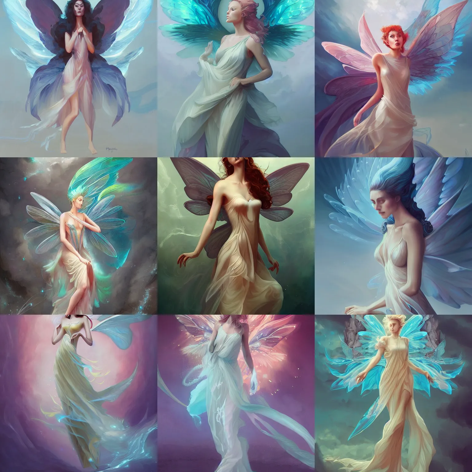 Prompt: prompt portrait of beautiful female fairy, translucent dress, fluid simulation, wispy gigantic wings, by Peter Mohrbacher, trending on artstation