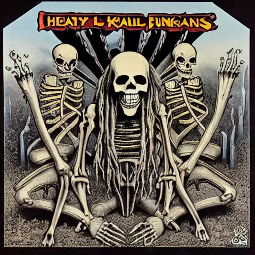 Prompt: 1 9 8 0's heavy metal album art, a funk band that's all skeletons