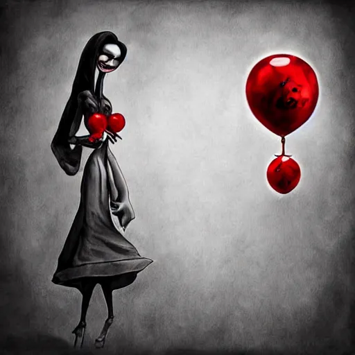 Prompt: surrealism grunge cartoon portrait sketch of an hourglass with a wide smile and a red balloon by - michael karcz, loony toons style, corpse bride style, horror theme, detailed, elegant, intricate