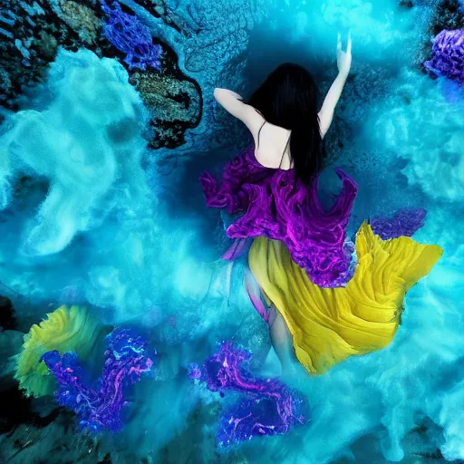 Image similar to woman dancing underwater on alien planet wearing a flowing dress made of blue, magenta, and yellow seaweed, delicate coral sea bottom, swirling silver fish, swirling smoke shapes, unreal engine, caustics lighting from above, cinematic