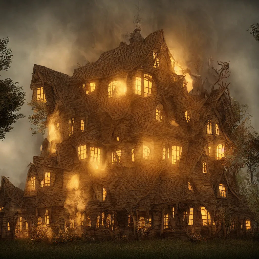 Image similar to fabricate an old witch house in style of wizard of oz, lots of smoke, gloomy, soft yellow red, atmosphere, rooftop smoking,, cinematic, unreal engine, golden ratio, cosmic horror, realistic, photorealistic. realistic, 8 k octanerender