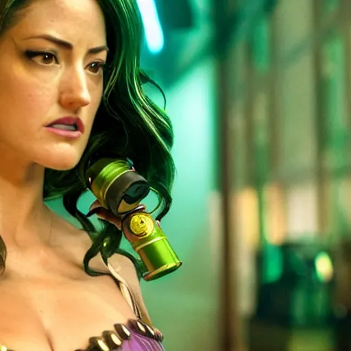 Image similar to cinematic scene with minka kelly as jolyne from jojo's bizarre adventure, live action film, stone ocean, dramatic, small details, volumetric lighting, still frame