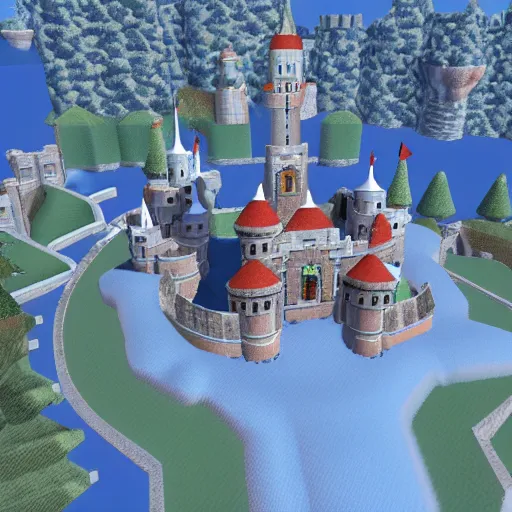 Prompt: 3D Mario 64 castle aerial view, 4k, 100% snow