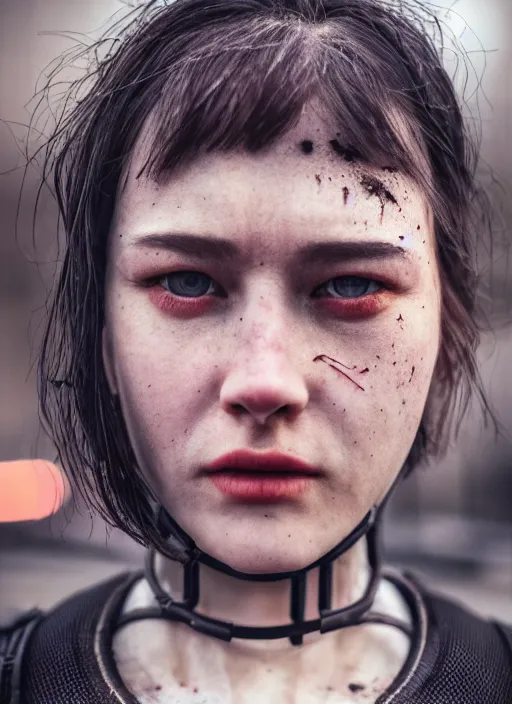 Image similar to cinestill 5 0 d photographic portrait of loving female androids wearing rugged black mesh techwear in a desolate american city, extreme closeup, modern cyberpunk, dust storm, 8 k, hd, high resolution, 3 5 mm, f / 3 2, ultra realistic faces, ex machina