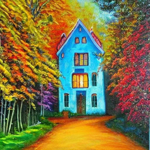 Image similar to fairytale house, amazing colors, path leading to the house, oil painting, trending,